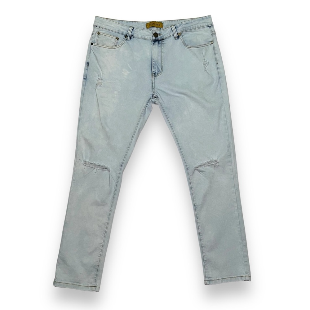 Platform Jeans Mens W36/L30 Slim Stretch Light Acid Wash Blue Denim Ripped Knees